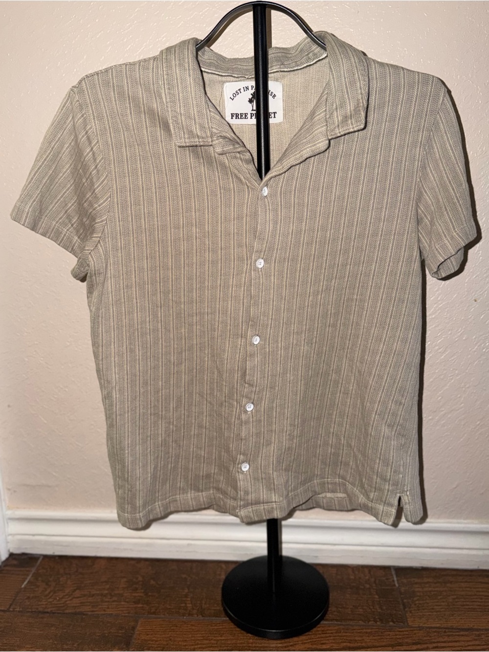 Free Planet Short-Sleeve Button Down Shirt in Olive Stripe